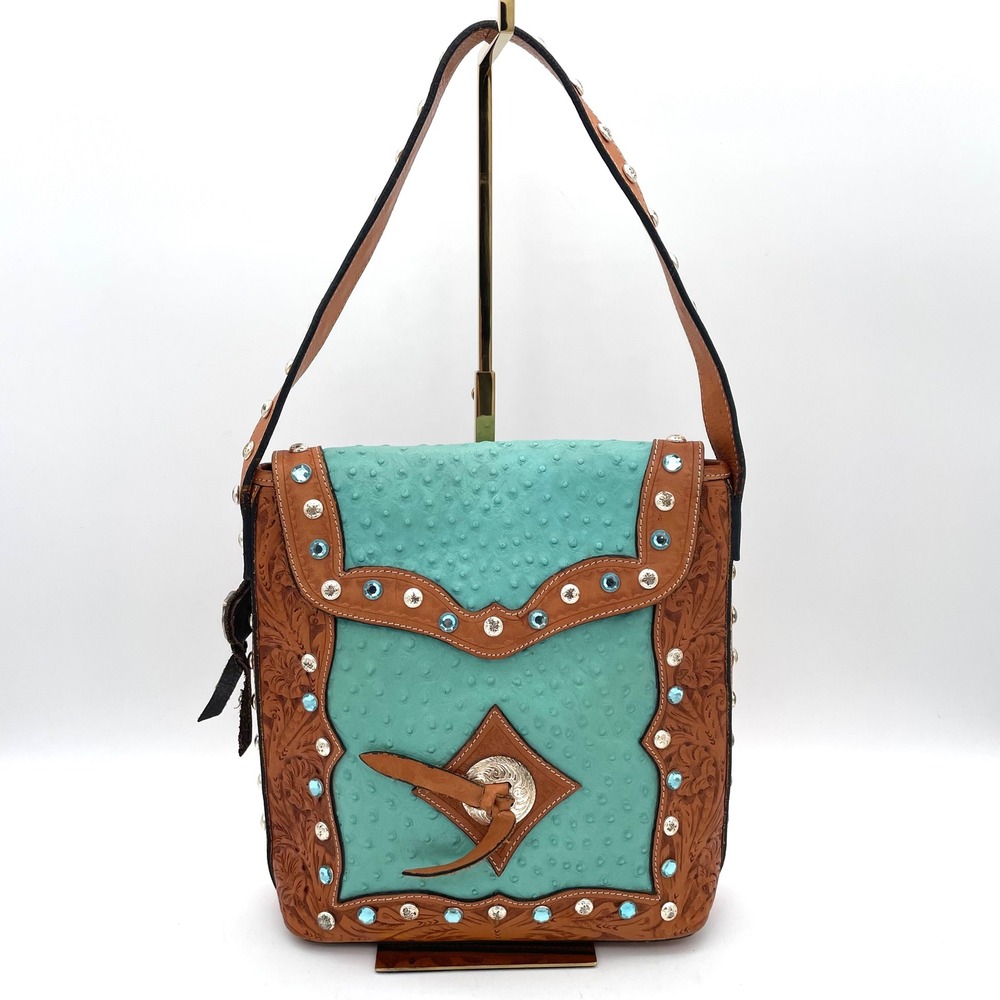 Montana Silversmiths Shoulder Bag Leather Womens Brown Turquoise Good Tooled